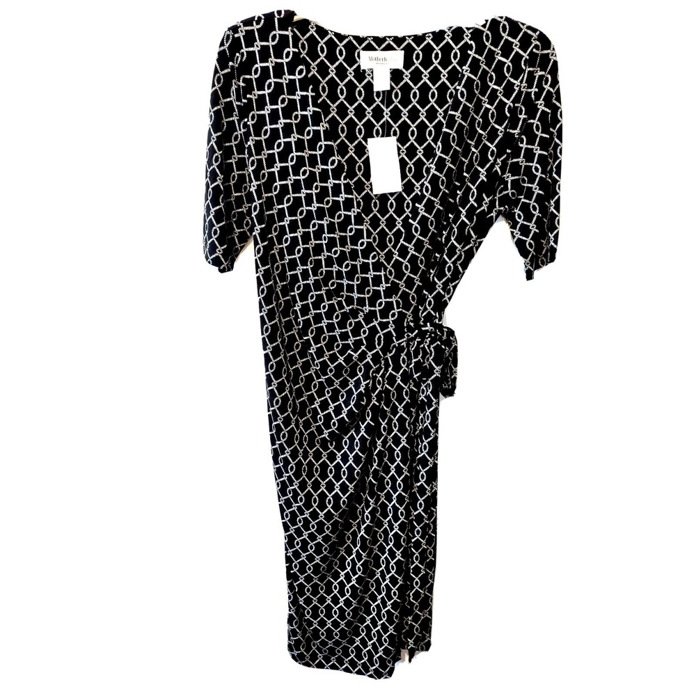 Motherhood Maternity Dress Women's Small Geometric Wrap Black White Short Sleeve